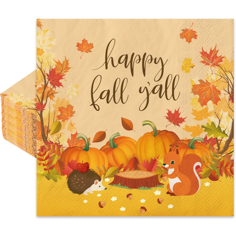 وولاين Whaline 80 حزمة من المناديل ذات طابع الخريف، مقاس 6.5 × 6.5 بوصة، مناديل أوراق الخريف الملونة على شكل يقطين للاستعمال مرة واحدة، مناديل غداء وعشاء للاستعمال مرة واحدة من أجل احتفالات عيد الشكر، وجمع لوازم ديكور الطاولة - Image 1